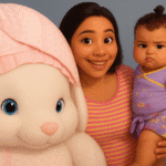 E então nasceu uma menina - Amor sem roteiro Mãe e filha com coelho de pelúcia